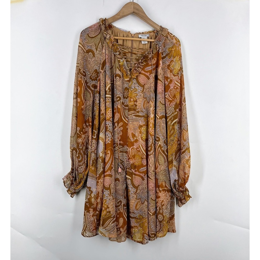 Haute Hippie Style Womens Large Paisley Chiffon Lace Up Boho‎ Mini Dress Rust L